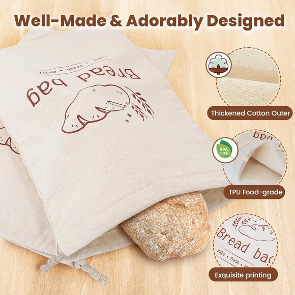 2 Cotton Bread Bags & Sourdough Bags with TPU Lining, 2 Proofing Bowl Covers-BN - Picture 5 of 7